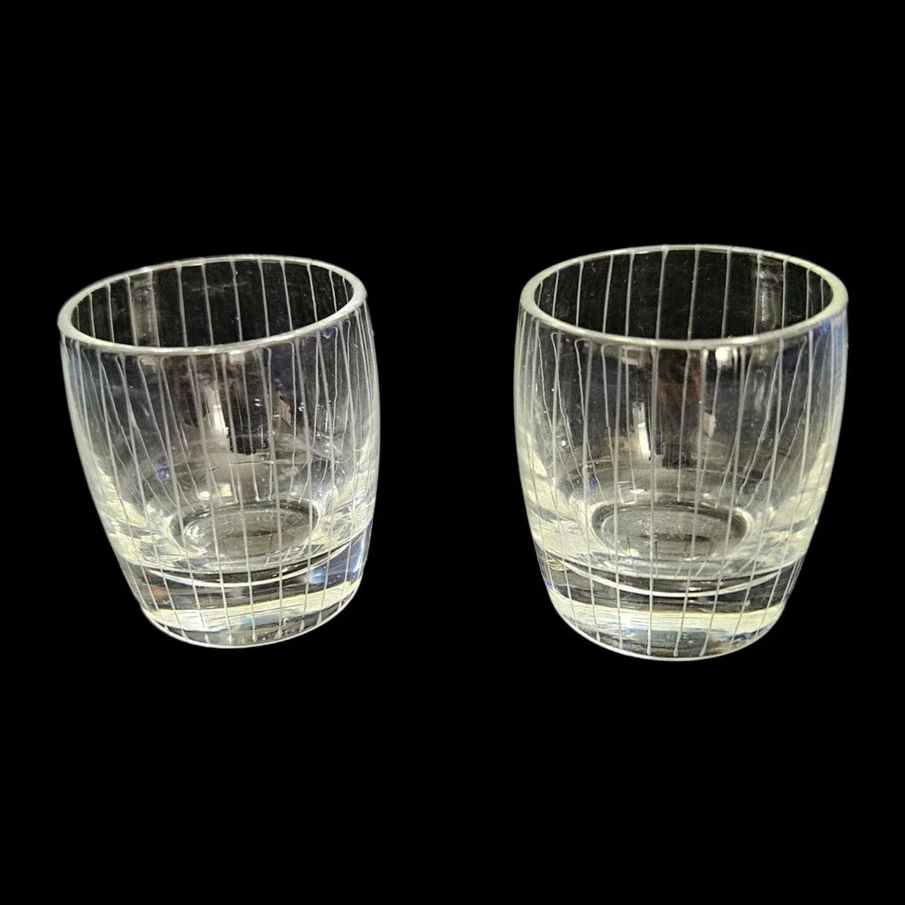 Pair Vintage 1960s Barrel Shaped Etched Line Clear Glass Shot Glasses